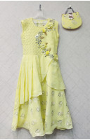 Lemon Yellow Silk Long Gown For Kids With Applique Work And Fabric Work (KRB26)